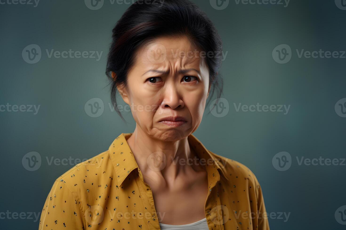 ai genererad äcklad mogna asiatisk kvinna porträtt. neuralt nätverk genererad fotorealistisk bild foto