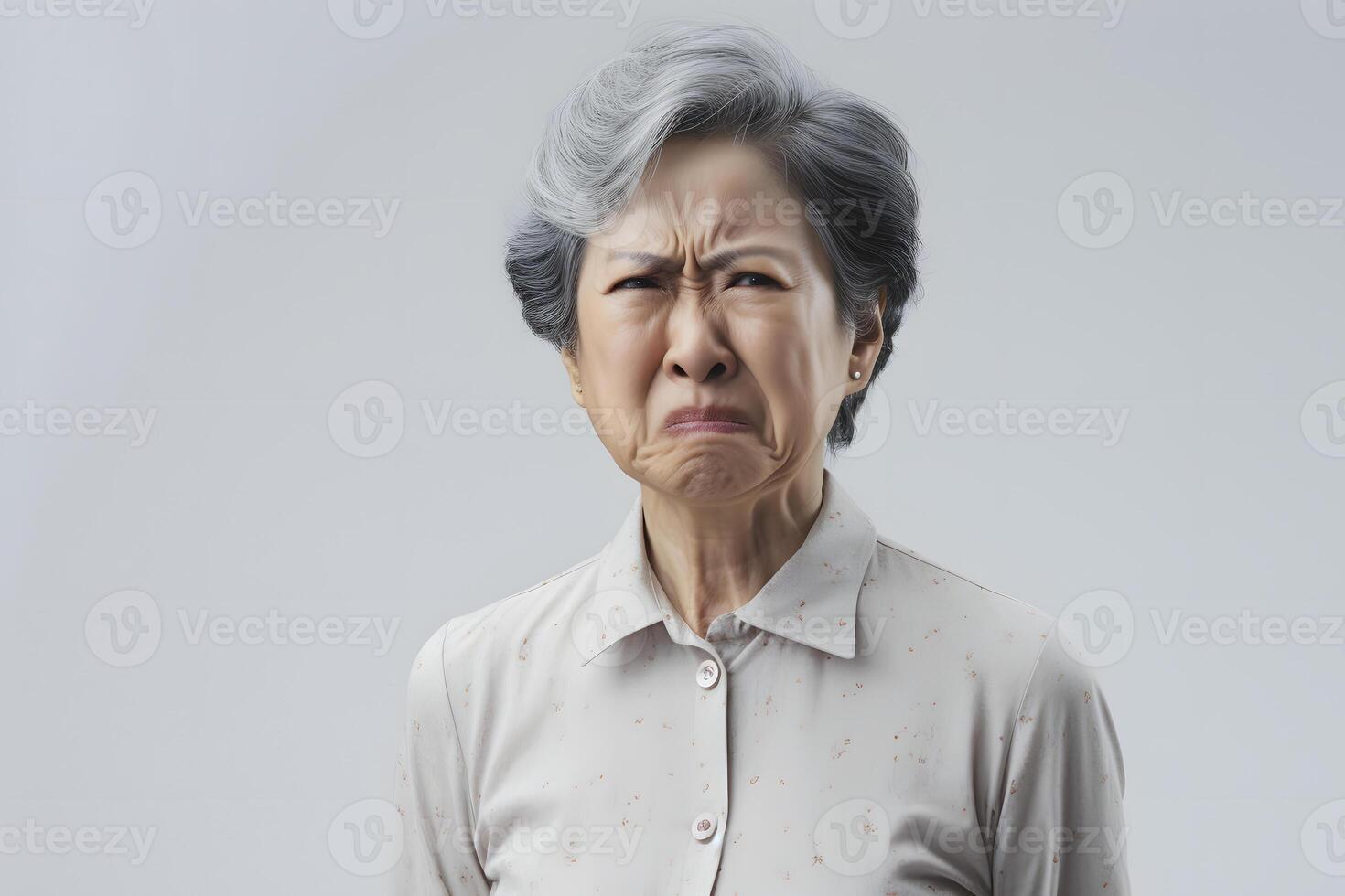 ai genererad äcklad mogna asiatisk kvinna porträtt på ljus grå bakgrund. neuralt nätverk genererad fotorealistisk bild foto