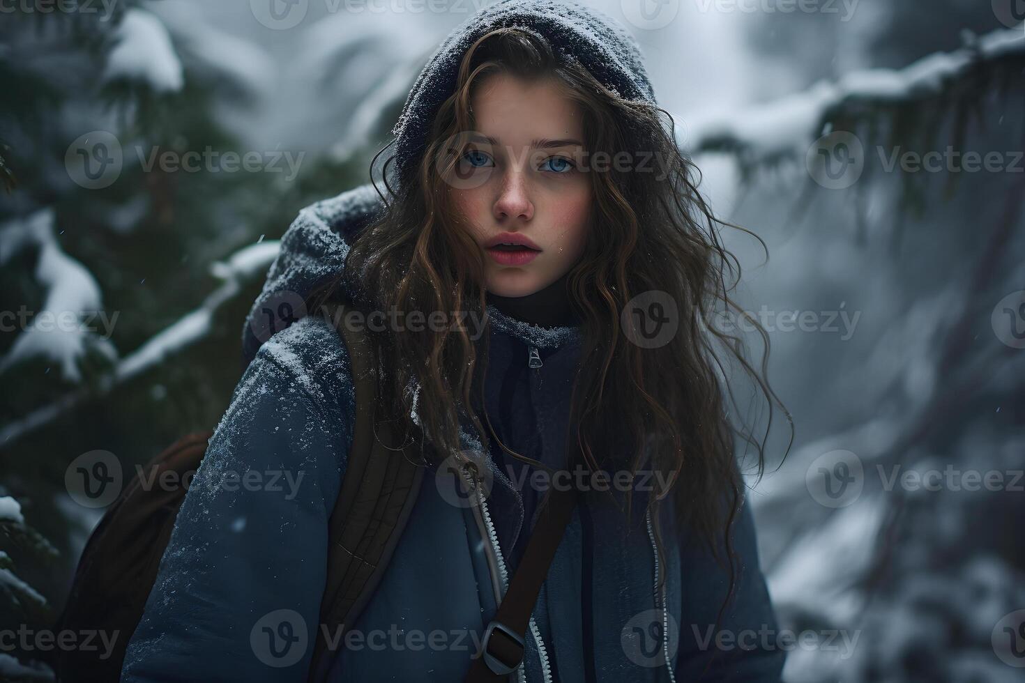 ai genererad caucasian flicka förlorat i snöig vinter- skog på dag, neuralt nätverk genererad fotorealistisk bild foto