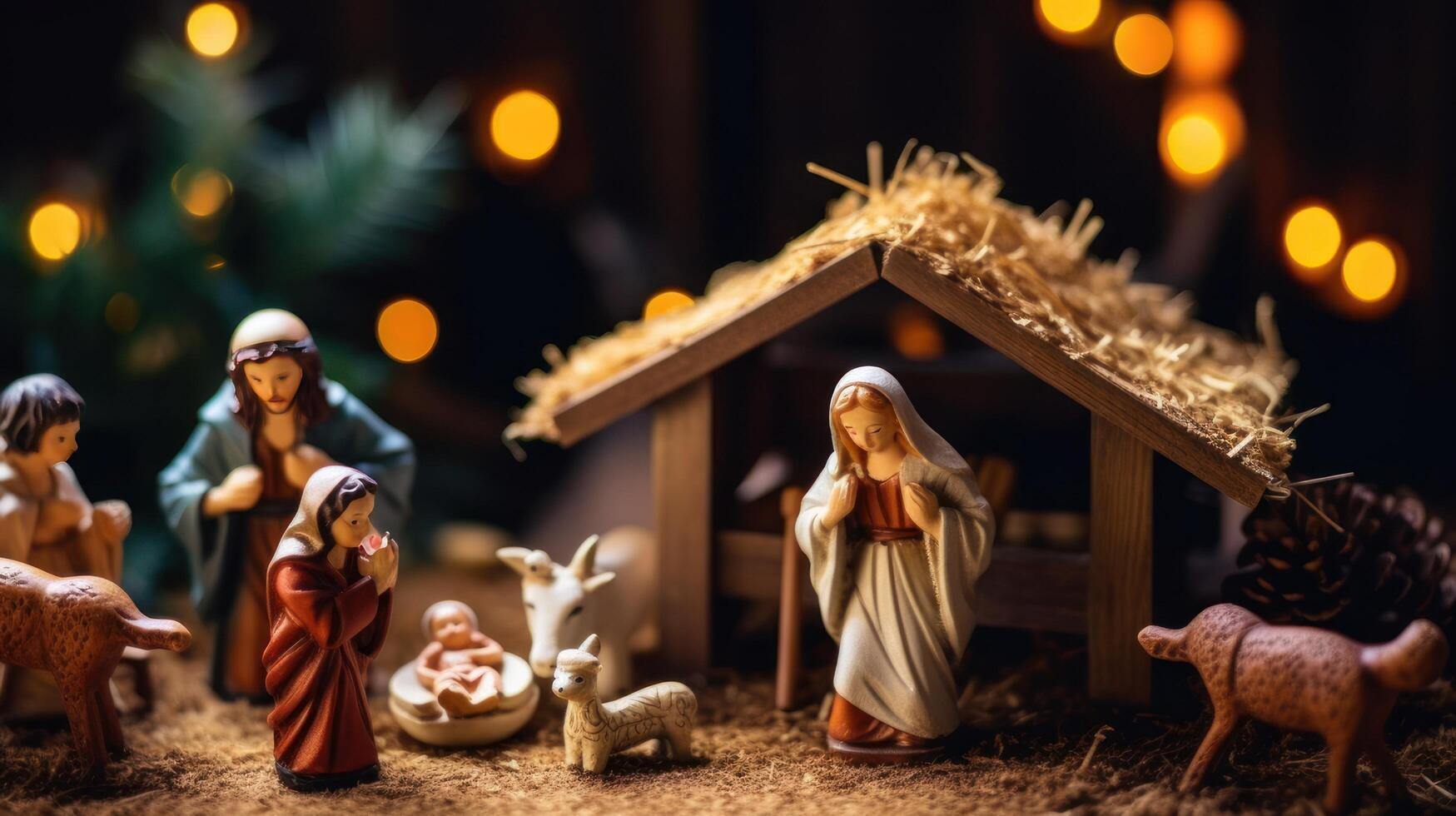 ai genererad jul nativity scen. bebis Jesus Kristus, mary och joseph. generativ ai foto