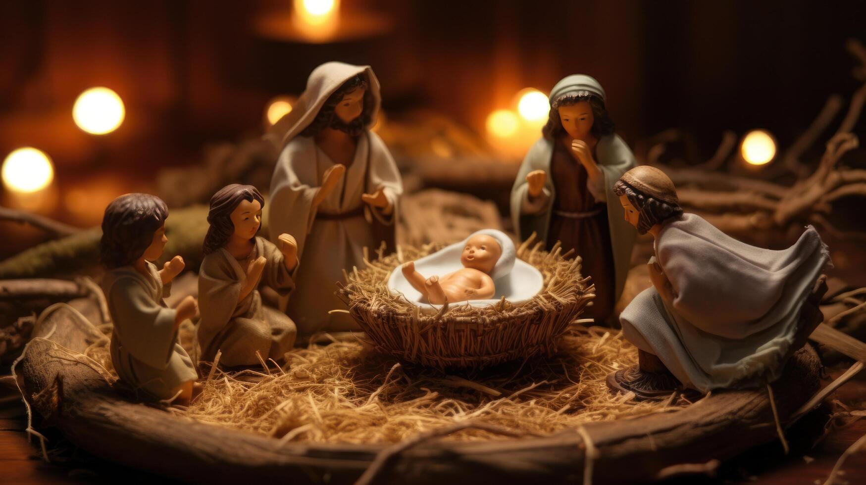 ai genererad jul nativity scen. bebis Jesus Kristus, mary och joseph. generativ ai foto