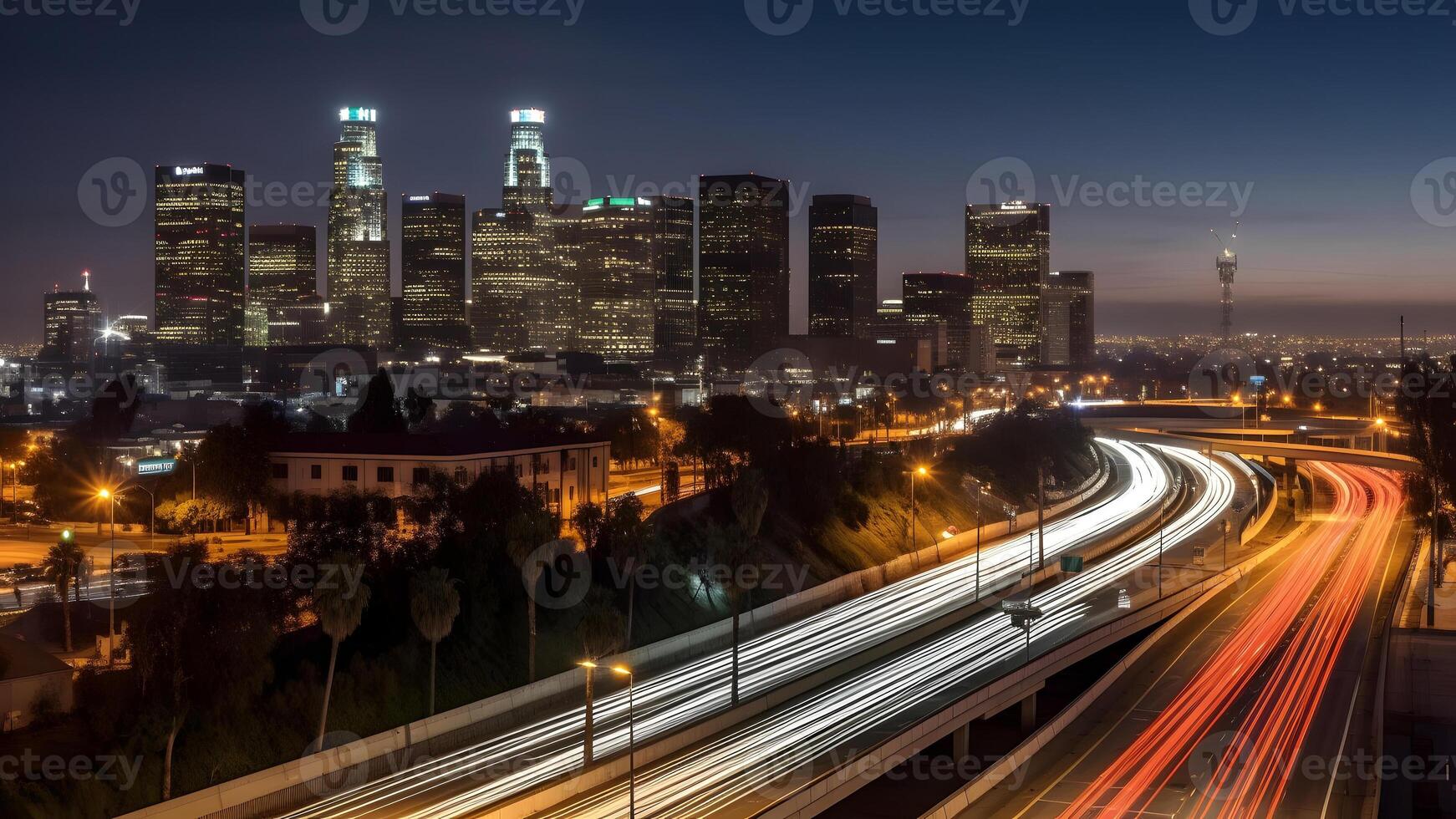 ai genererad natt stadsbild horisont se av stadens centrum los angeles stil Västra stad, neuralt nätverk genererad fotorealistisk bild foto