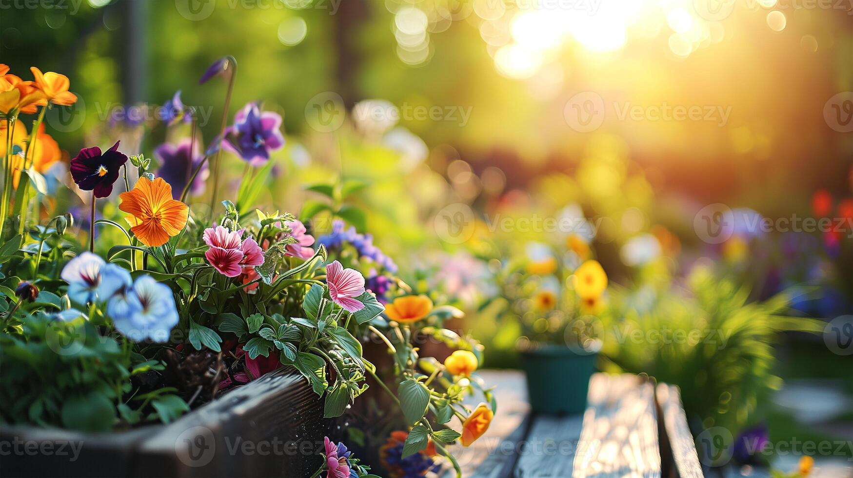 ai genererad trädgårdsarbete begrepp. trädgård blommor och växter på en solig vår bakgrund foto