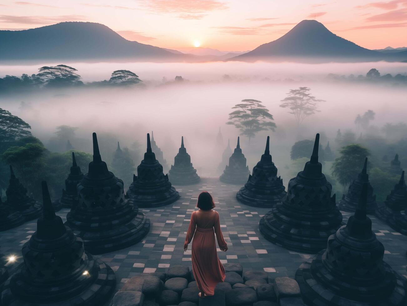 ai genererad borobudur tempel i de morgon, java, indonesien foto