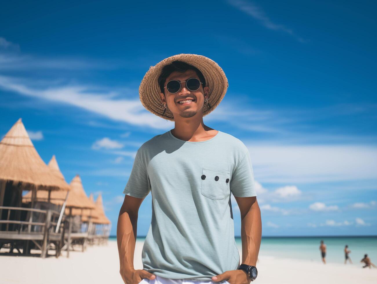 ai genererad porträtt av ung asiatisk man bär solglasögon och hatt på de strand foto