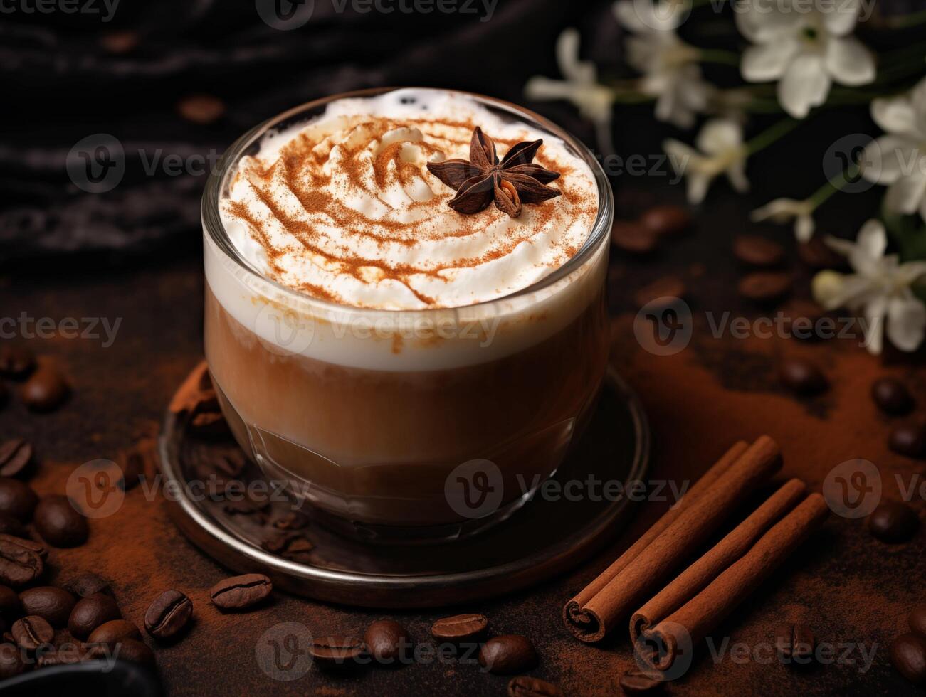 ai genererad cappuccino med vispad grädde och kanel på en brun bakgrund foto
