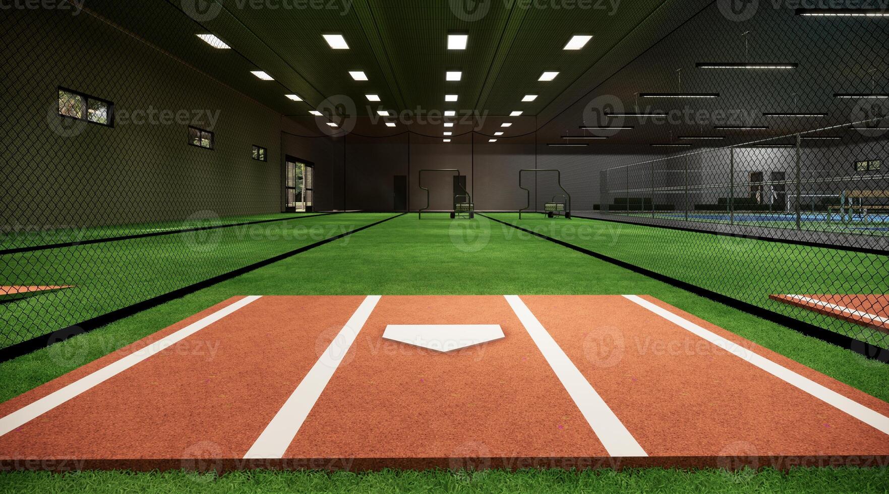 inomhus- vadd burar för baseboll och mjuk boll 3d tolkning illustration foto