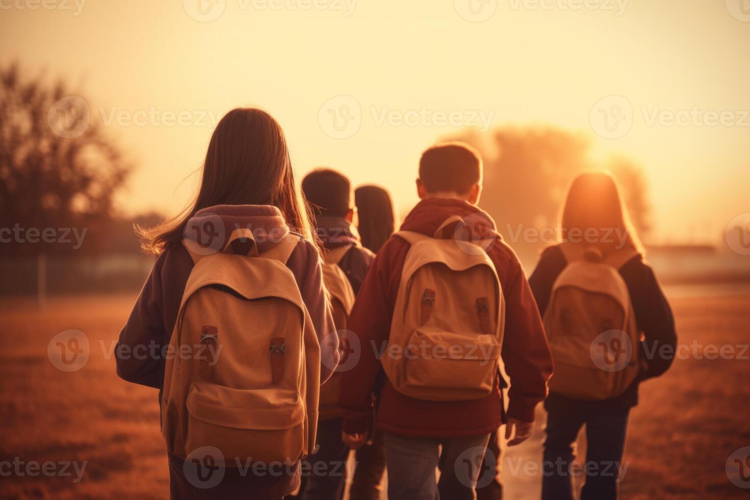 ai genererad först dag elementärt skola grupp liten barn skolbarn elever studenter tillsammans gående högskola klass lektion studie lära sig ryggsäckar tillbaka se. ny akademisk termin år Start primär foto