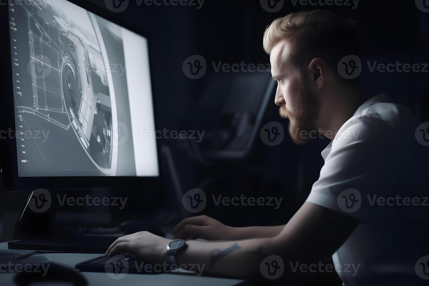 ai genererad över de axel se av ett ingenjör arbetssätt med cad programvara använder sig av stor dator skärm, neuralt nätverk genererad fotorealistiskt bild foto