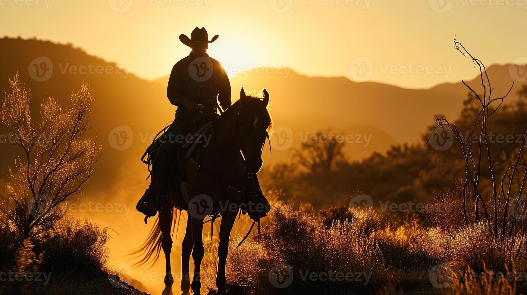 ai genererad silhuett av en cowboy på häst i de öken- på solnedgång, ai generativ foto