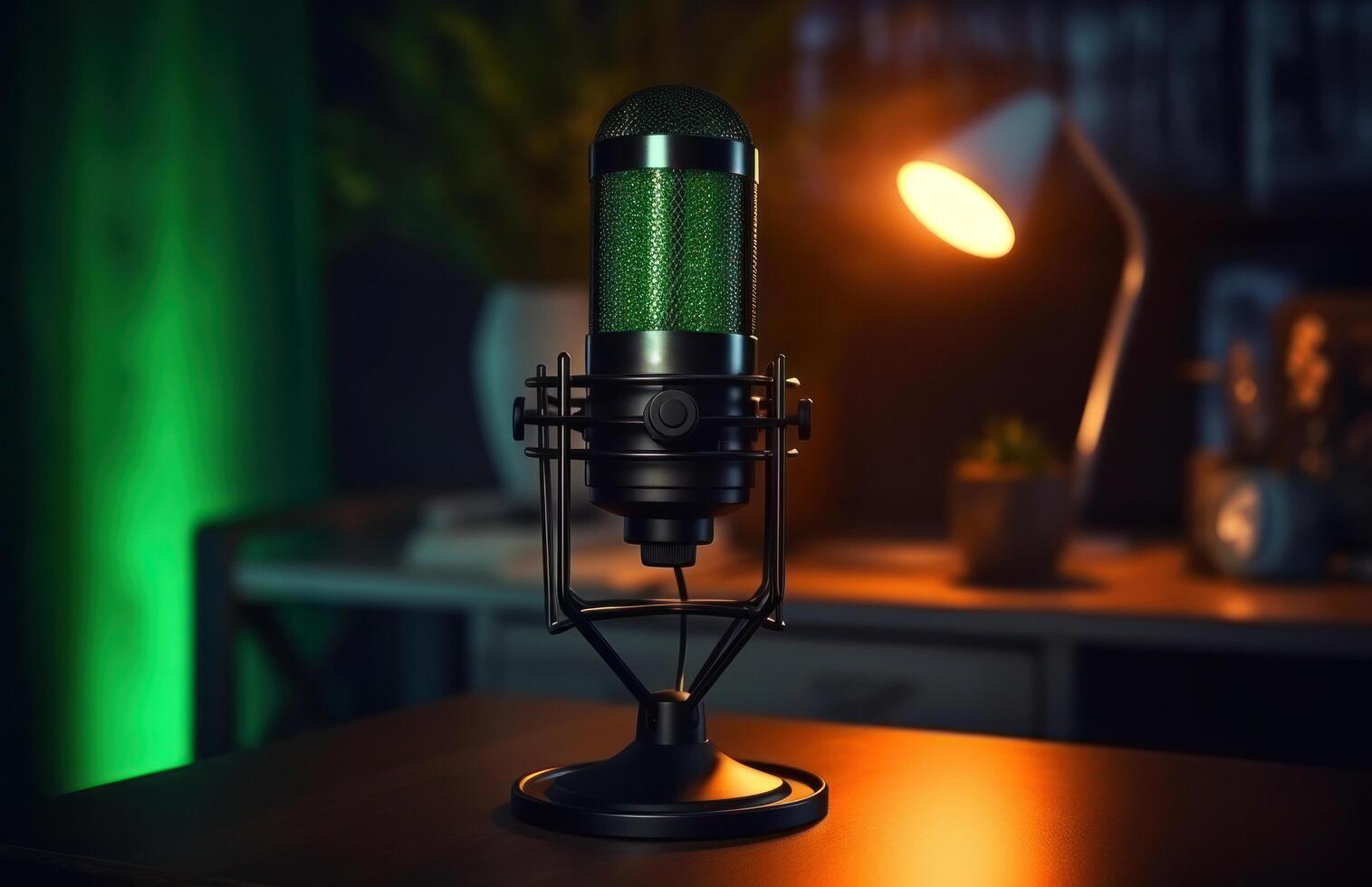 ai genererad med en mikrofon på en skrivbord i de kontor, vi kan skapa en podcast från inspelning röstmeddelanden foto