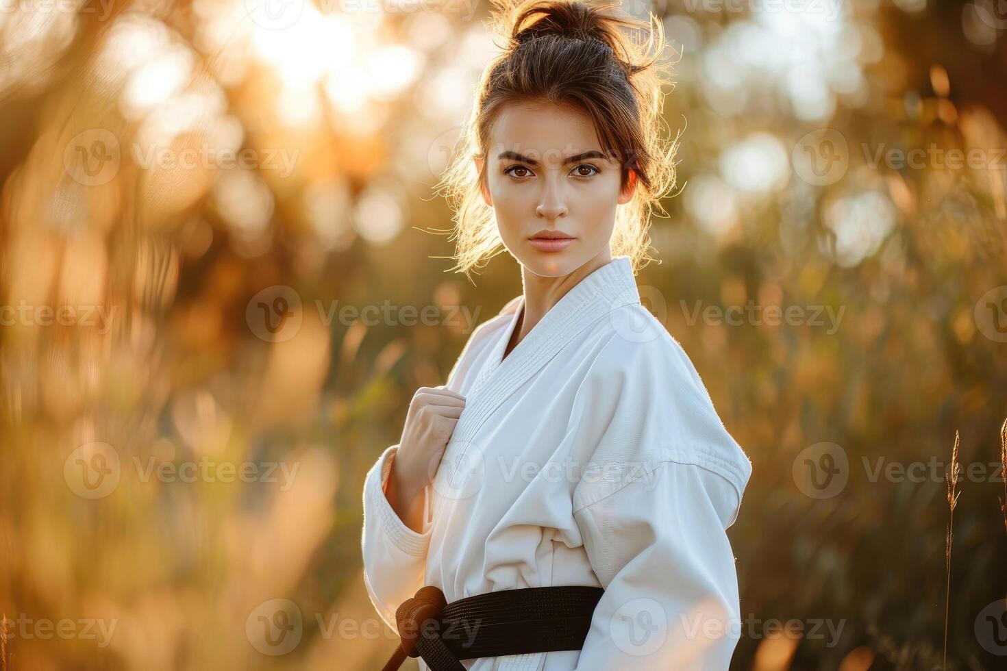 ai genererad en skön kvinna i en vit kimono och en svart bälte praxis karate foto