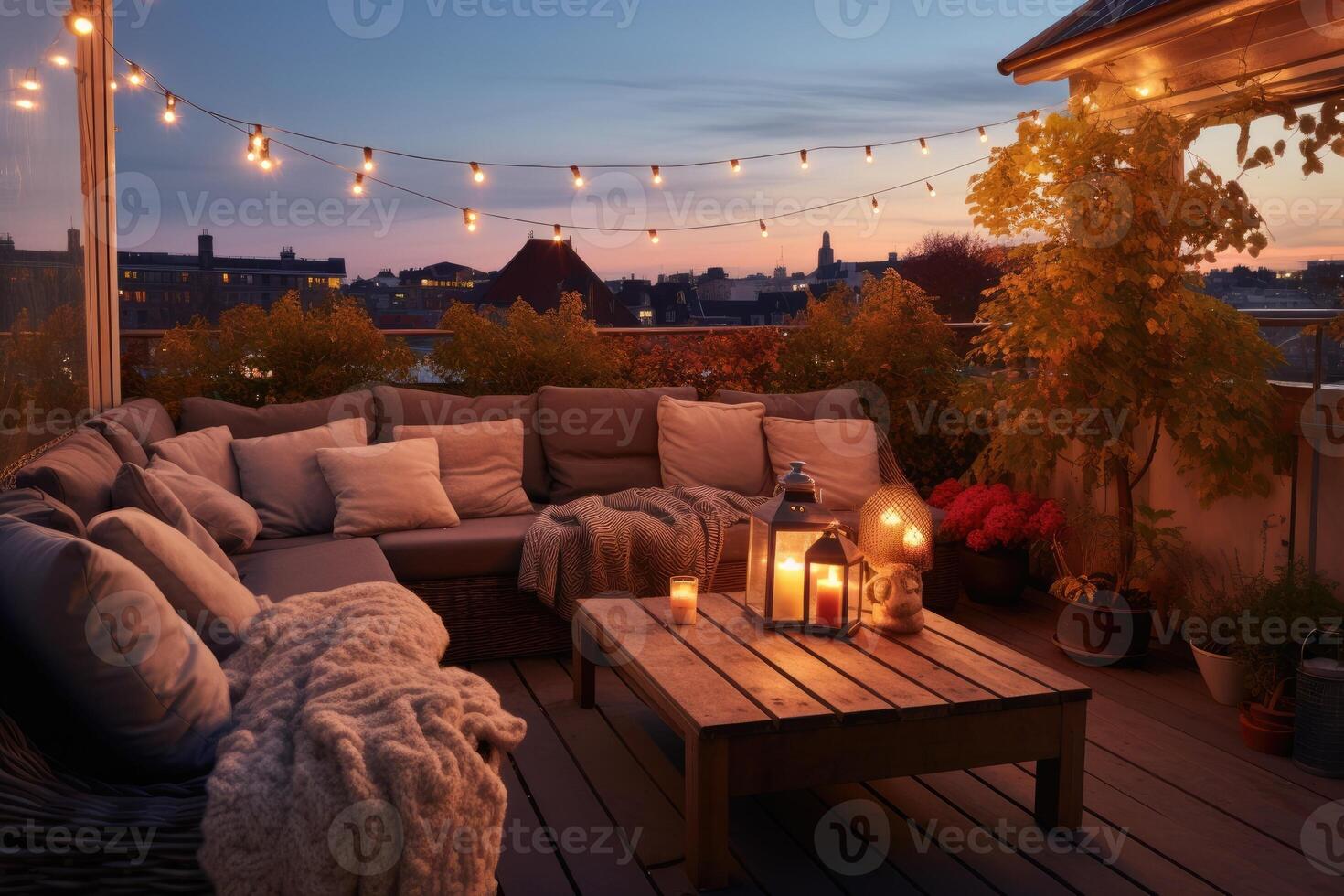 ai genererad en uteplats med en tabell och stolar och lampor. höst kväll på de tak terrass av en skön hus med lyktor foto