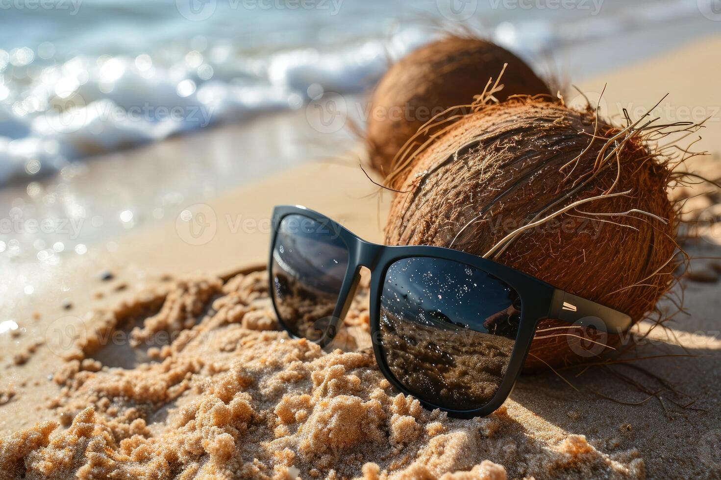 ai genererad kokos med solglasögon på de strand. foto