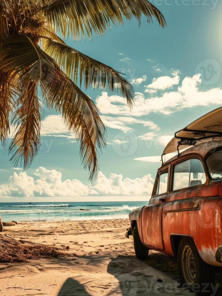 ai genererad ett gammal bil parkerad på en tropisk strand med en kanot på de tak. foto