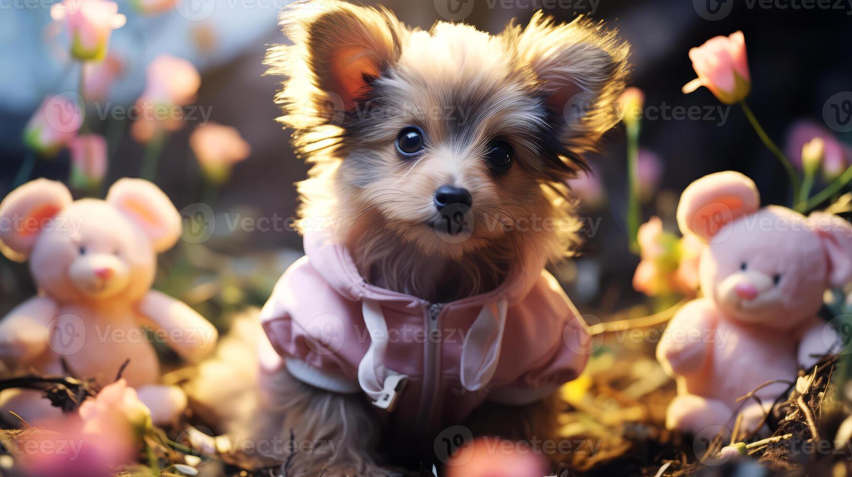 ai genererad söt liten chihuahua valp i rosa klänning med blommor. foto