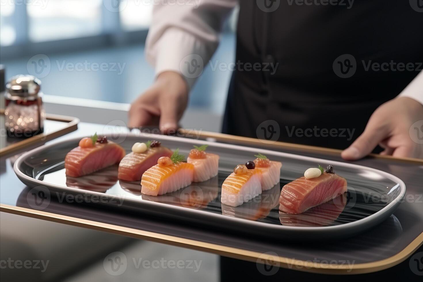 ai genererad modern mat frisör dekorera uppsättning av gott sushi för presentation i restaurang. närbild på de hand av en servitör bärande mat foto