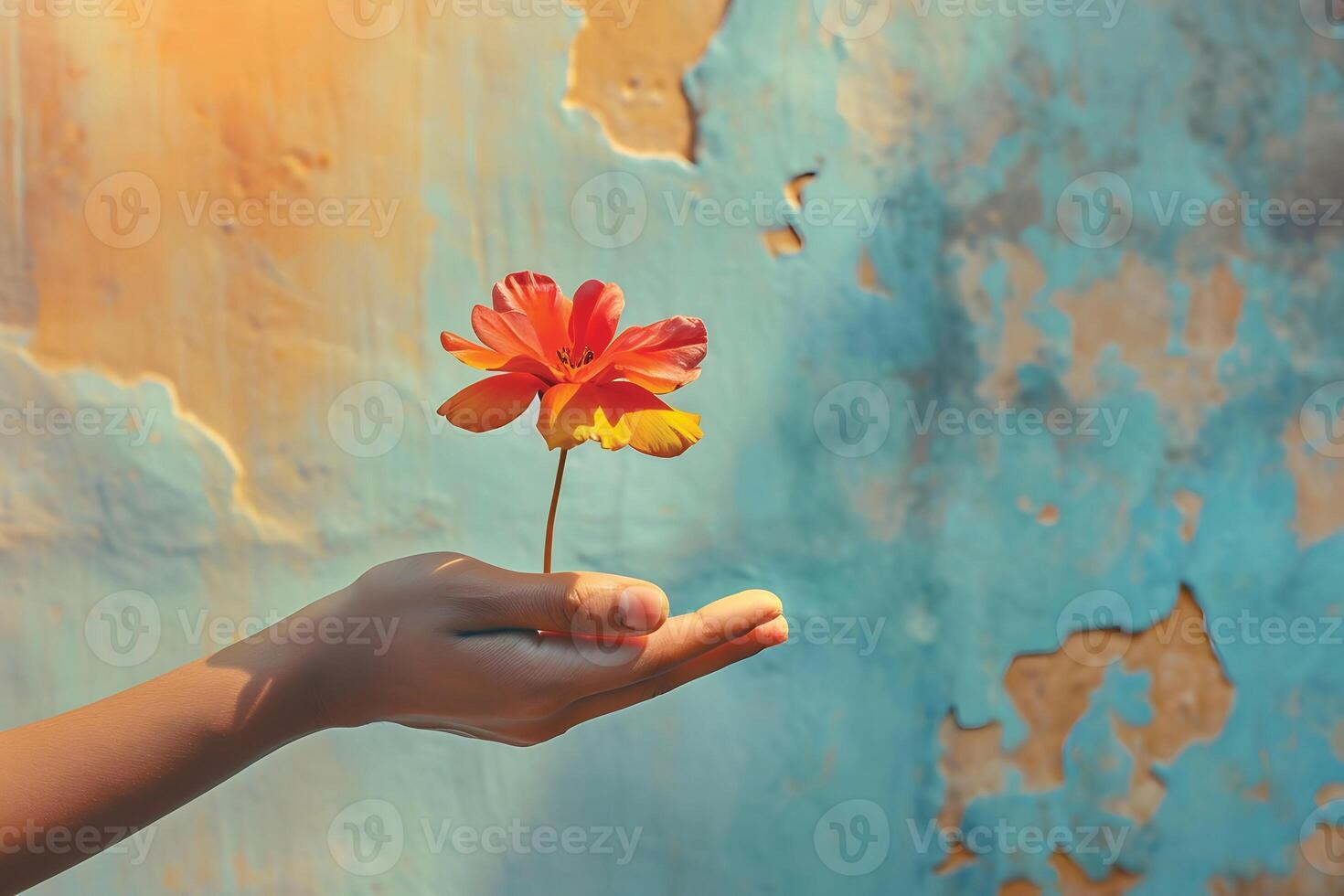 ai genererad hand innehav orange blomma för värld miljö dag illustration foto