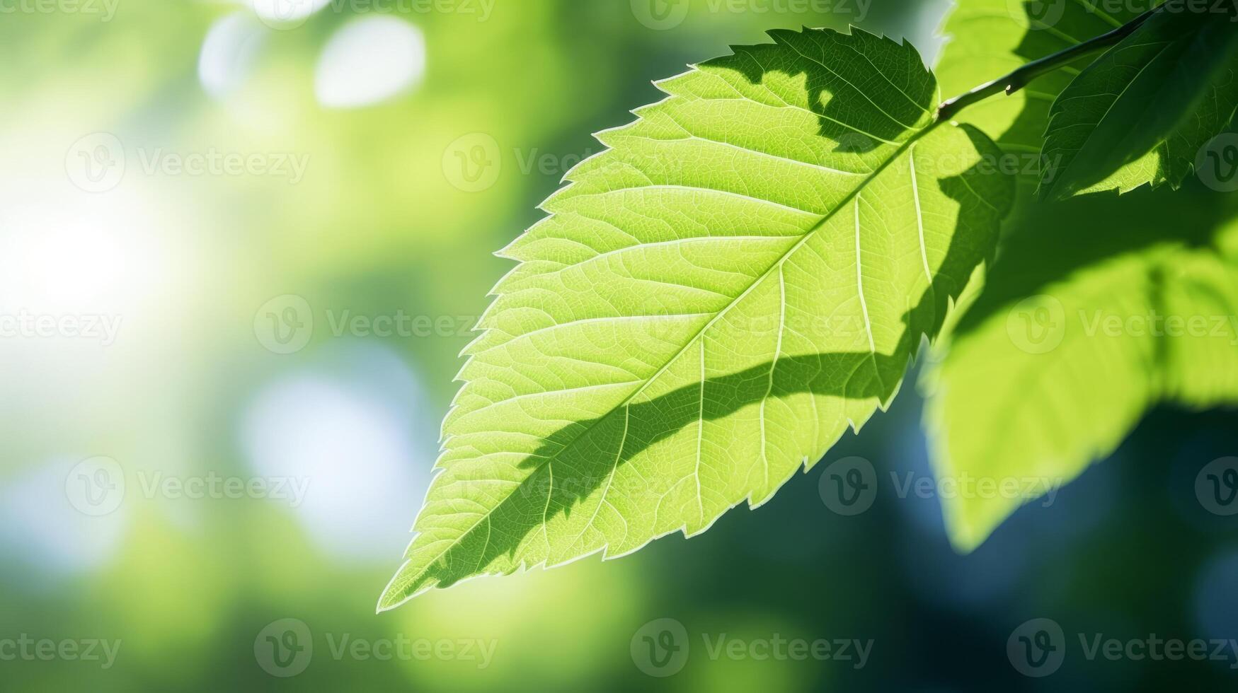 ai genererad solbelyst grön löv under ljus sommar himmel foto