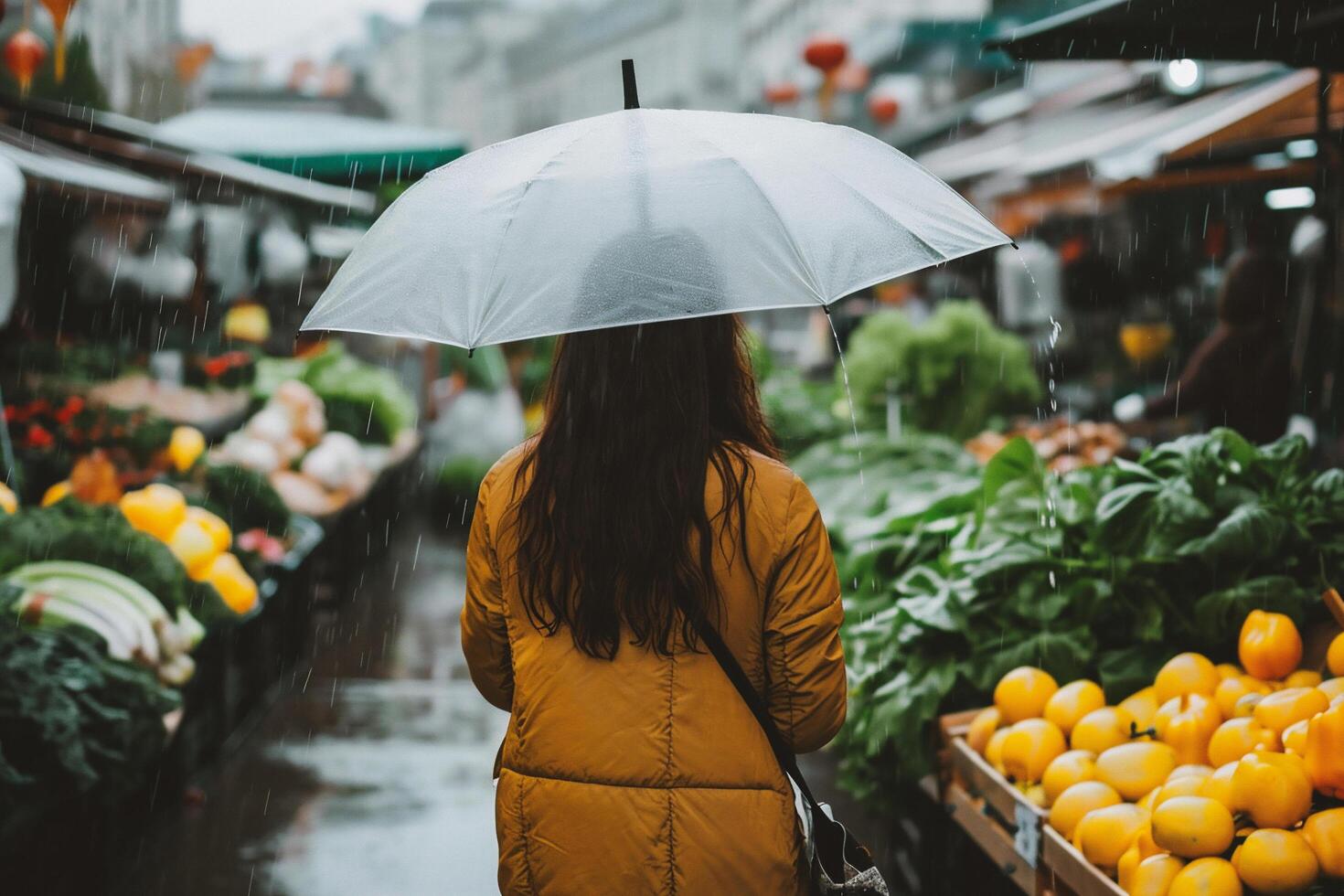 ai genererad tillbaka se av ung kvinna med paraply uppköp frukt och grönsaker på marknadsföra foto