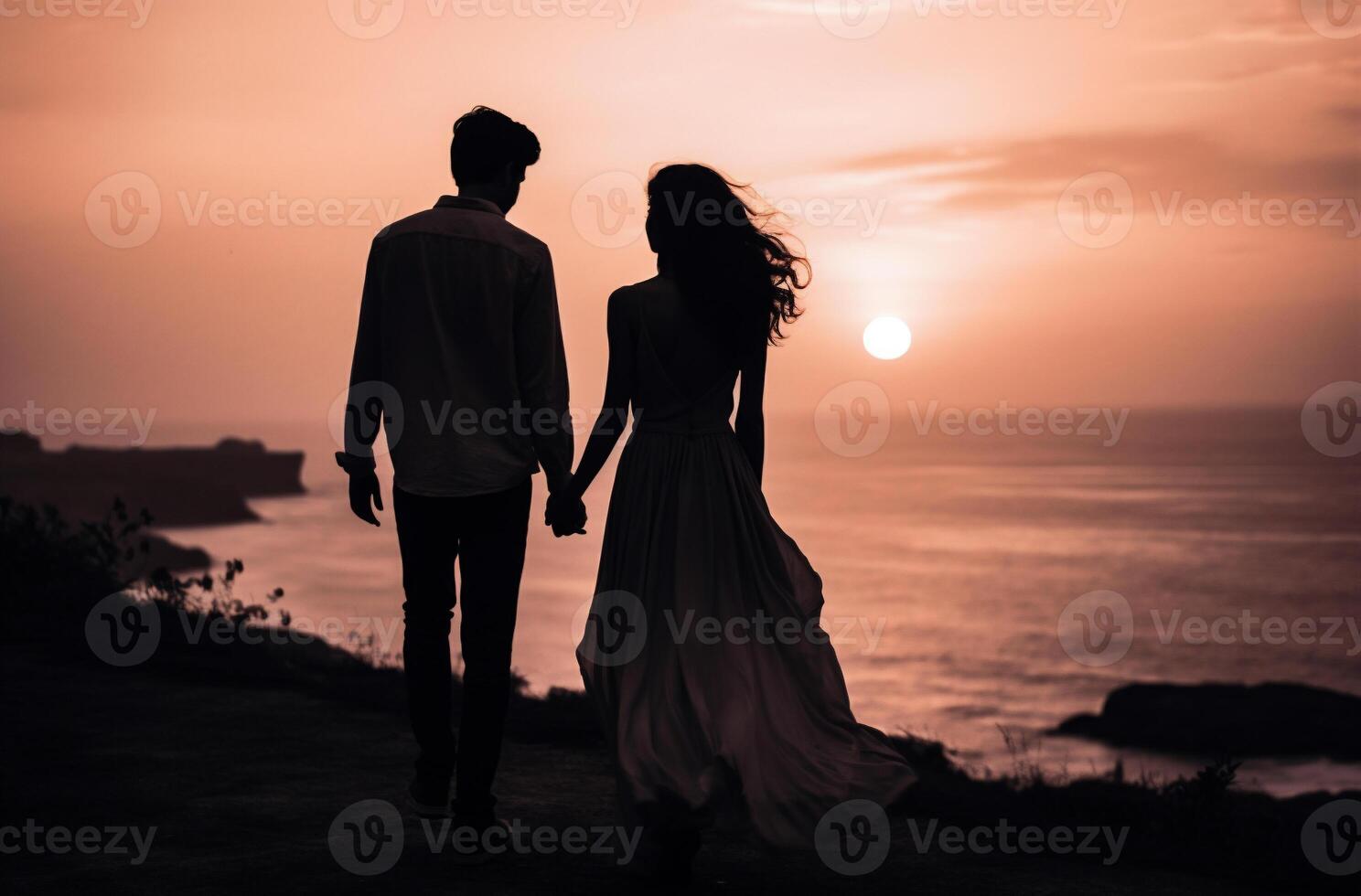 ai genererad silhuett av ung par innehav händer och ser på skön solnedgång. foto
