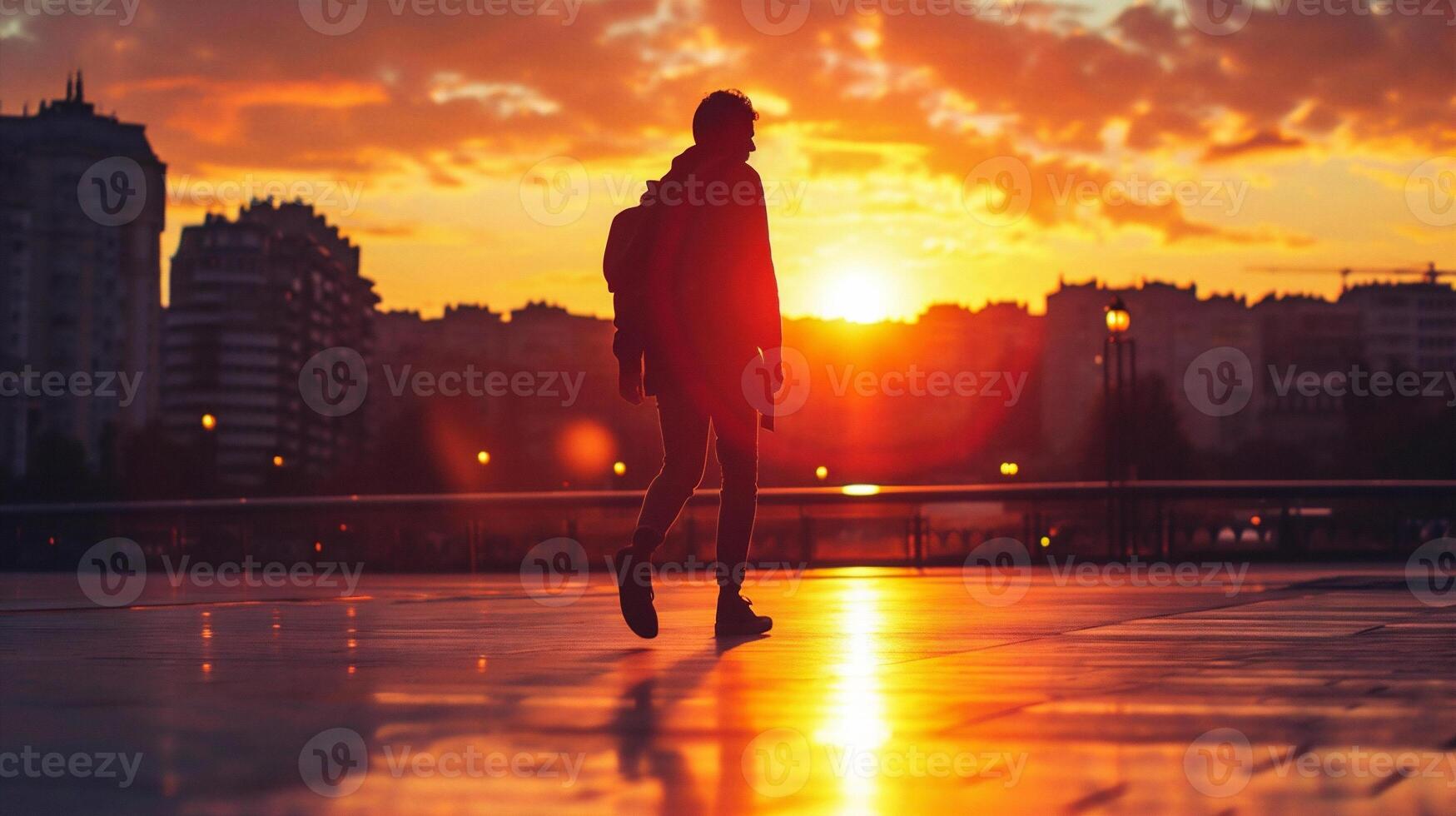 ai genererad en man är gående längs en våt gata i de stad på solnedgång foto