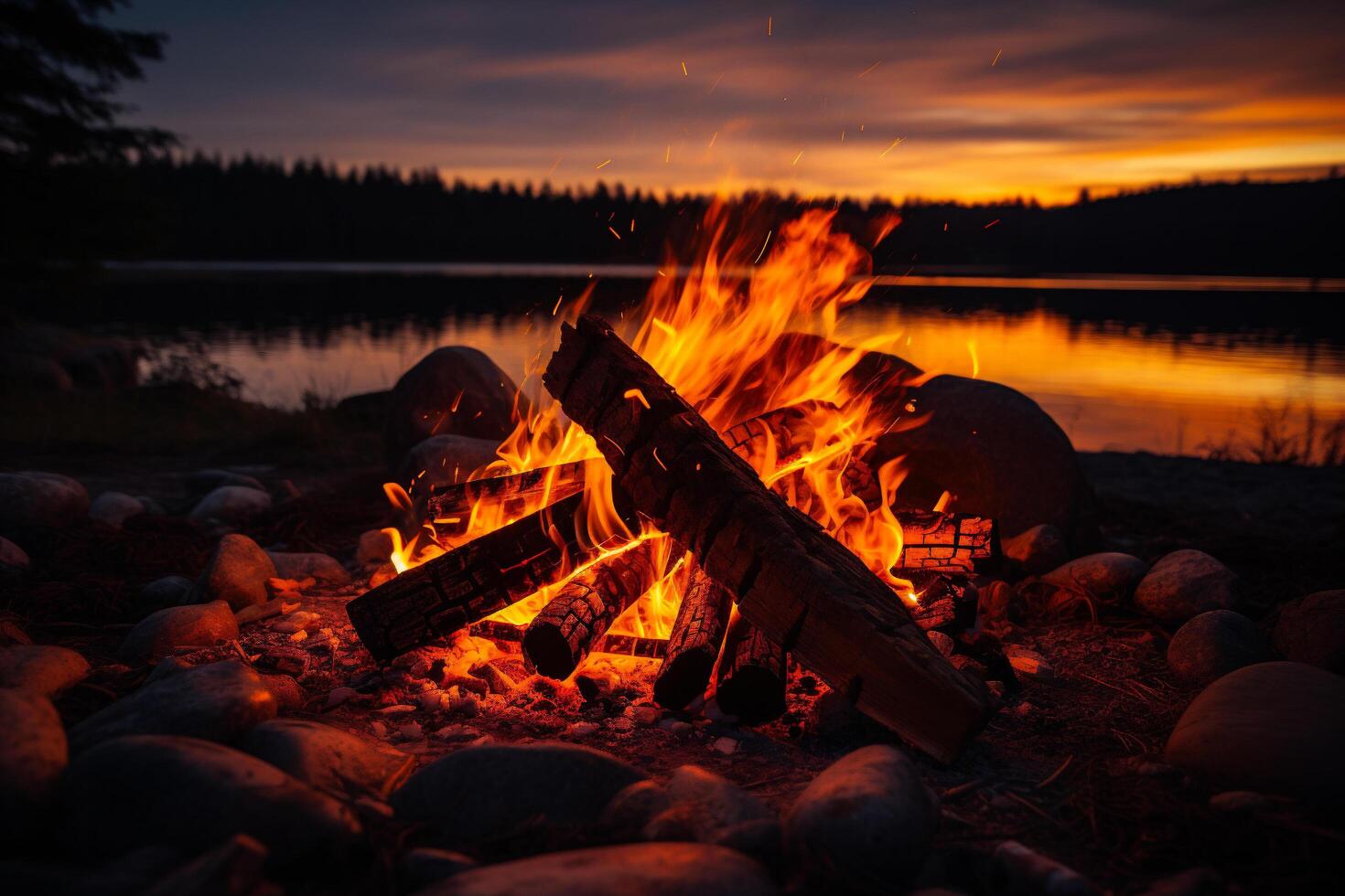 ai genererad bål på de Strand av en sjö på solnedgång. camping. foto