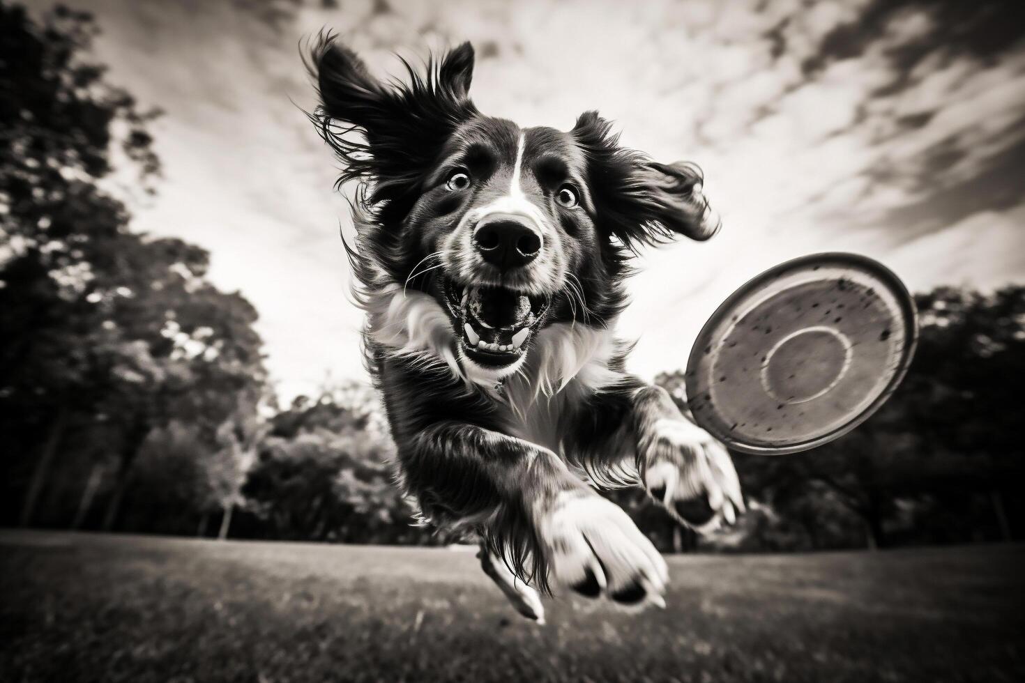 ai genererad porträtt av en söt svart och vit gräns collie Hoppar med en flygande skiva foto