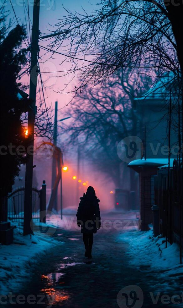 ai genererad ung kvinna gående längs de gata på natt i en dimmig vinter- dag foto