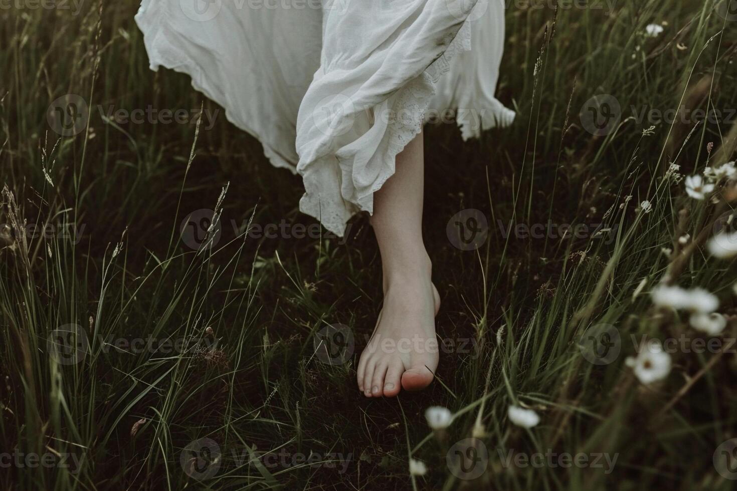 ai genererad fötter av en flicka i en vit klänning på en bakgrund av grön gräs foto