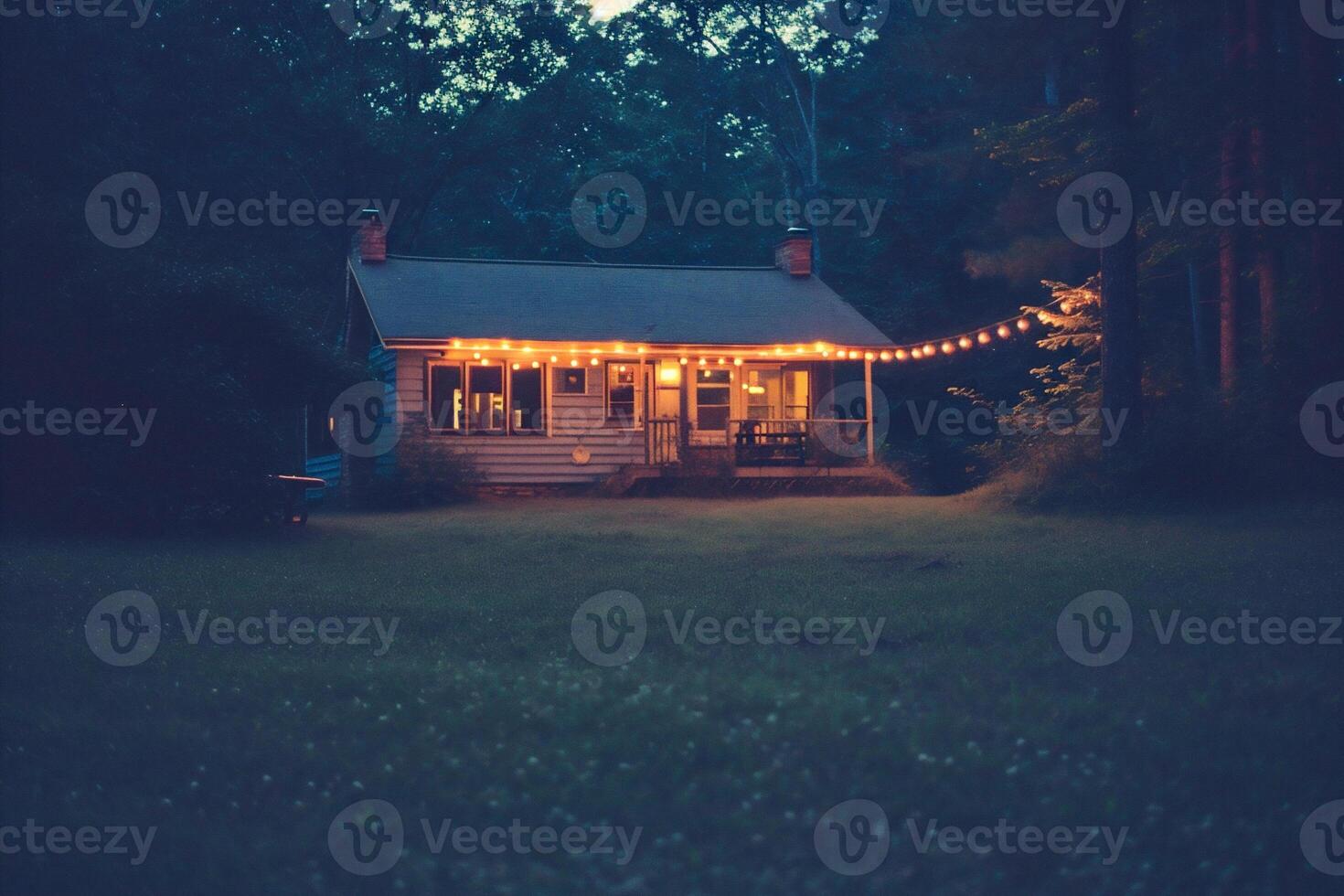 ai genererad trä- hus i de skog på natt. årgång stil tonad bild foto