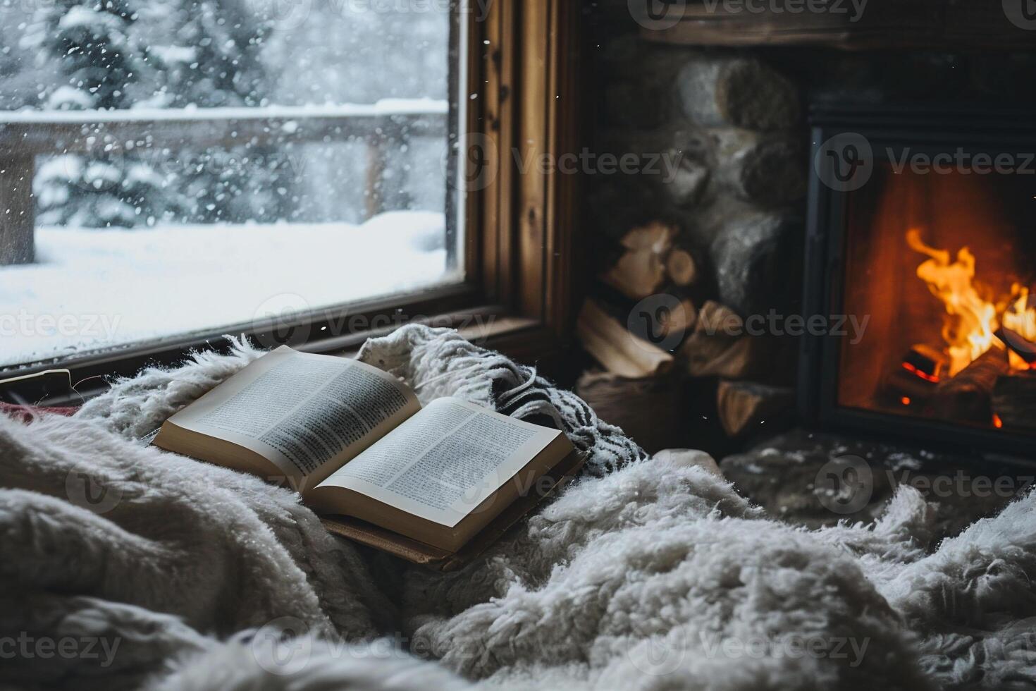 ai genererad mysigt vinter- kväll förbi de fönster med en bok och en öppen spis foto