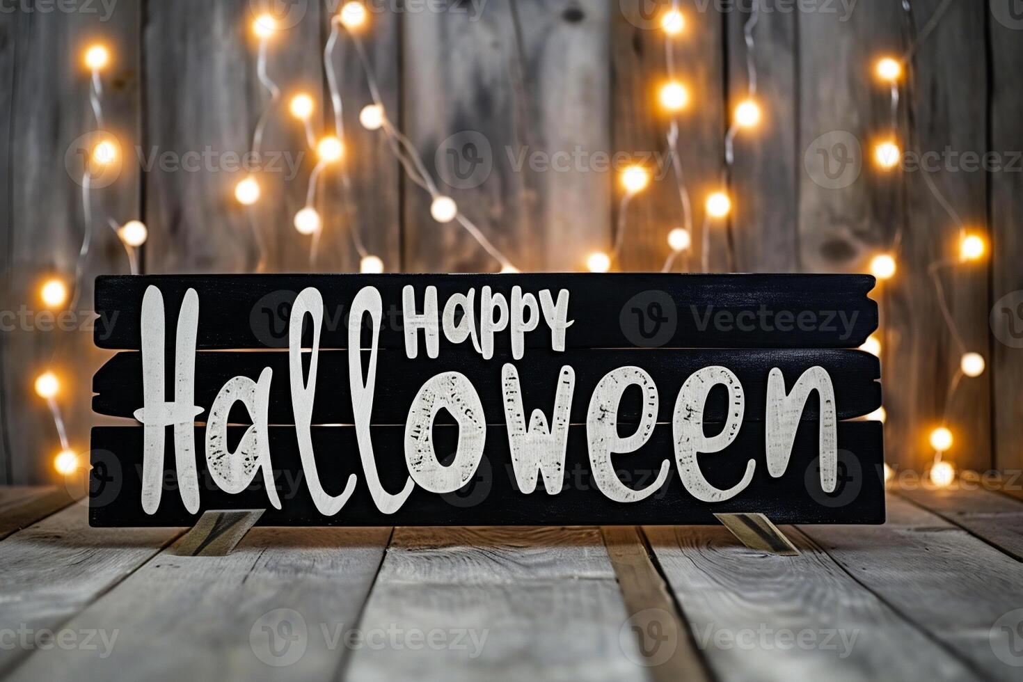 ai genererad Lycklig halloween text på trä- styrelse med bokeh lampor bakgrund foto