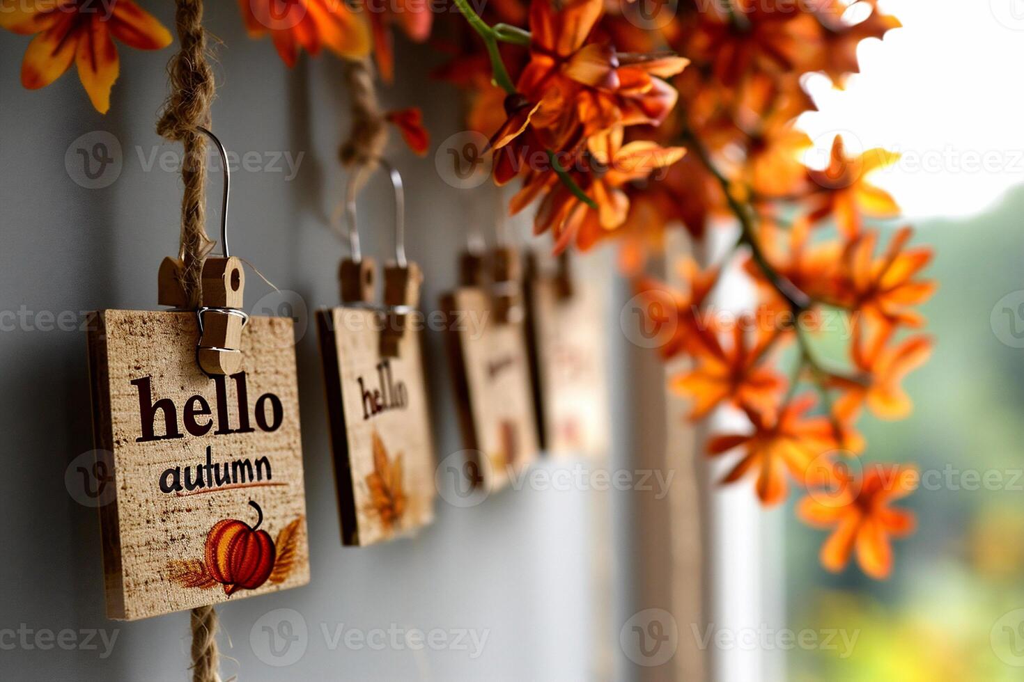 ai genererad Hej oktober taggar hängande på de vägg med orange blommor. höst bakgrund foto