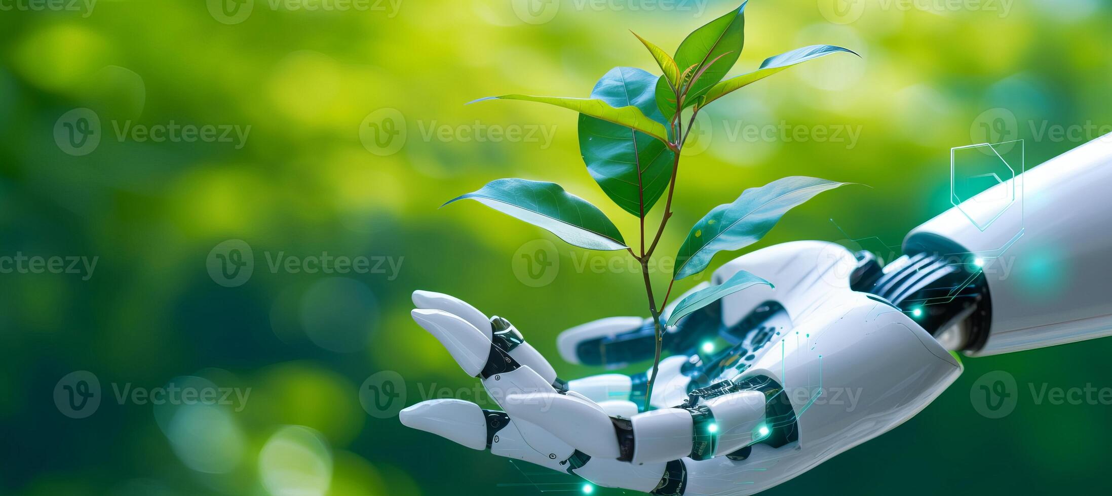 ai genererad robot hand försiktigt innehar ung växt i grön forestai och hållbar lantbruk. foto