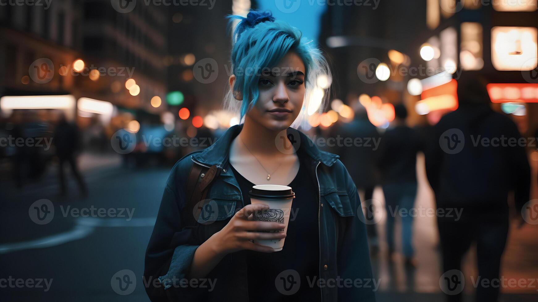 ai genererad ung skön blåhårig kvinnlig kvinna på natt stad gata innehav kartong kopp av kaffe, neuralt nätverk genererad bild foto