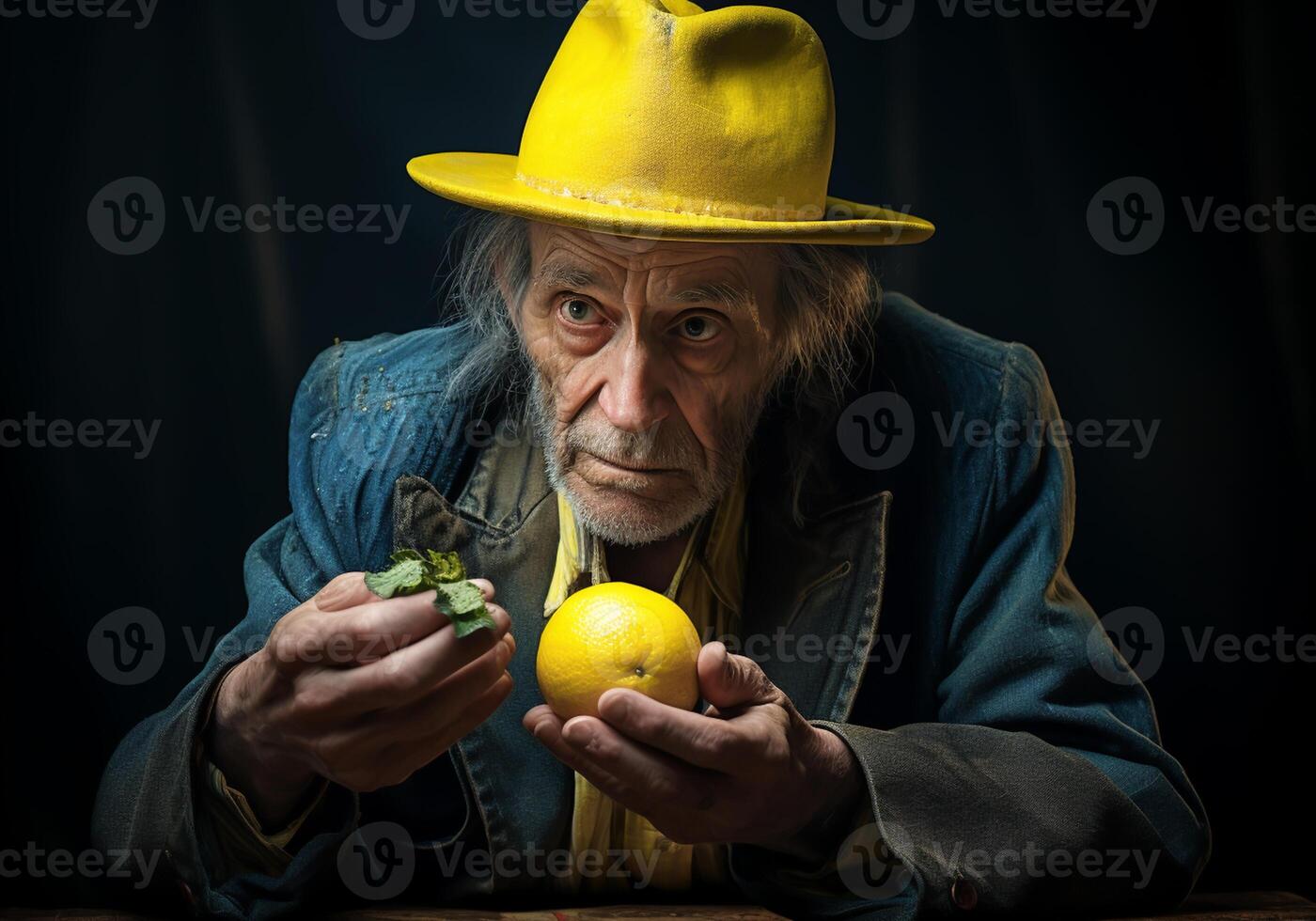 ai genererad porträtt av äldre jordbrukare man i hans rustik kök med citroner. mat och friska levande. foto