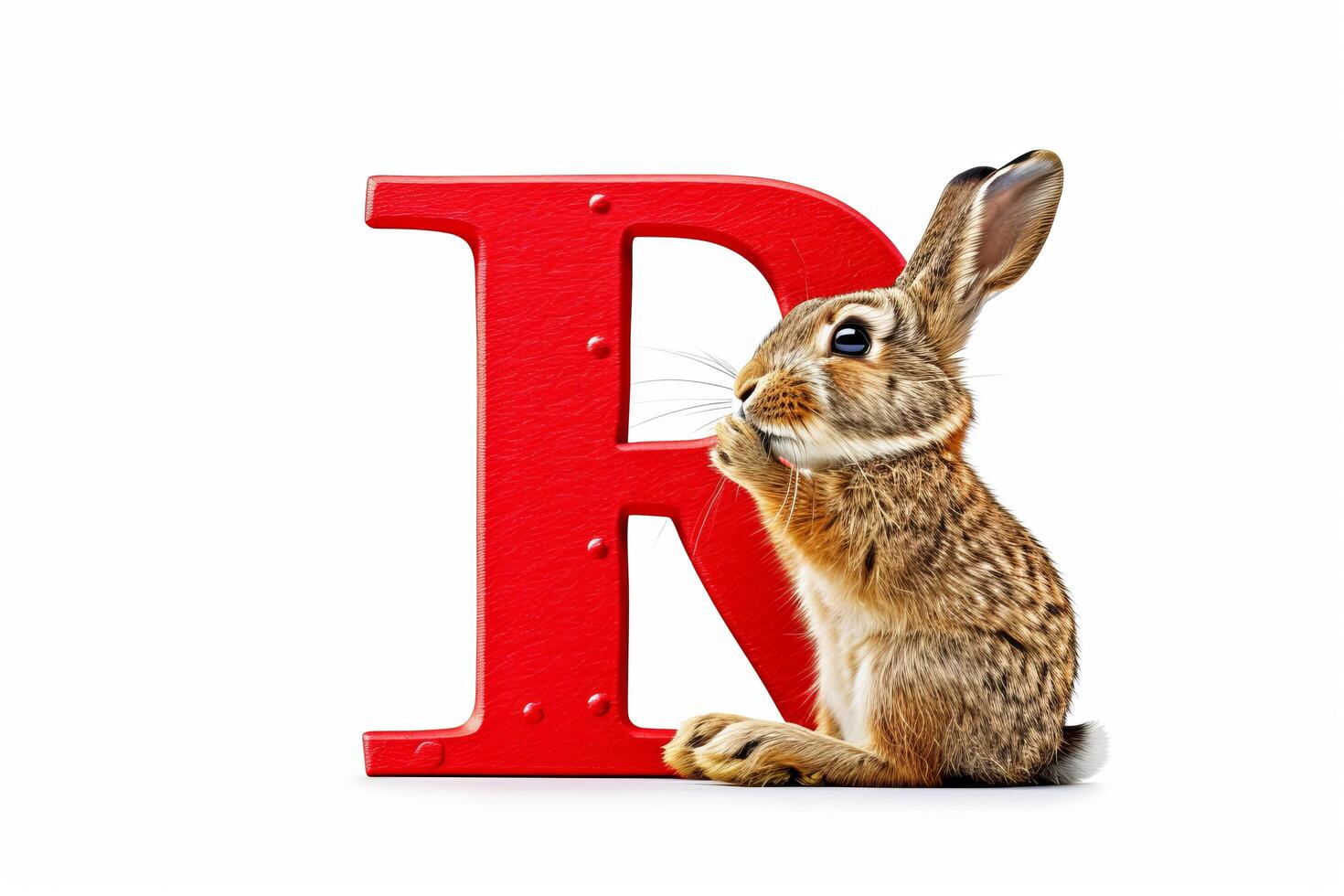 ai genererad kanin formad brev r isolerat på en vit bakgrund med söt kanin funktioner foto