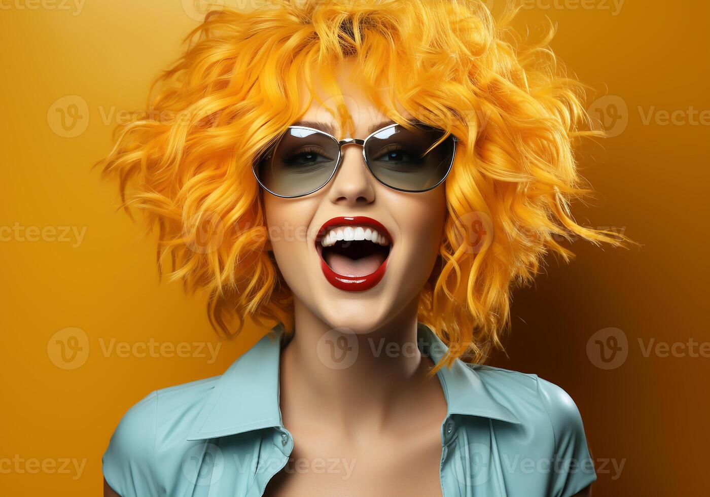 ai genererad kvinna med modern frisyr med solglasögon, i studio bakgrund. foto
