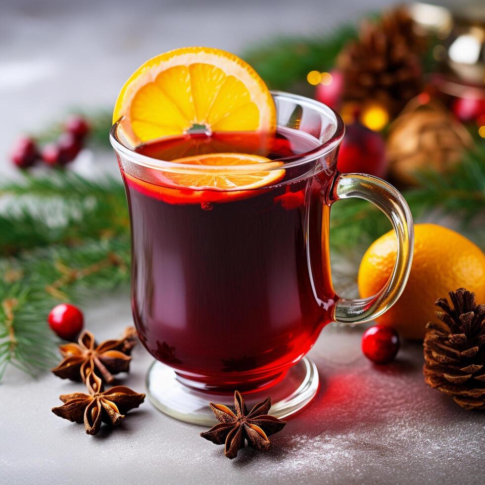 ai genererad ai genererad utsökt jul funderade vin dryck med citrus, kanel, kryddor. foto