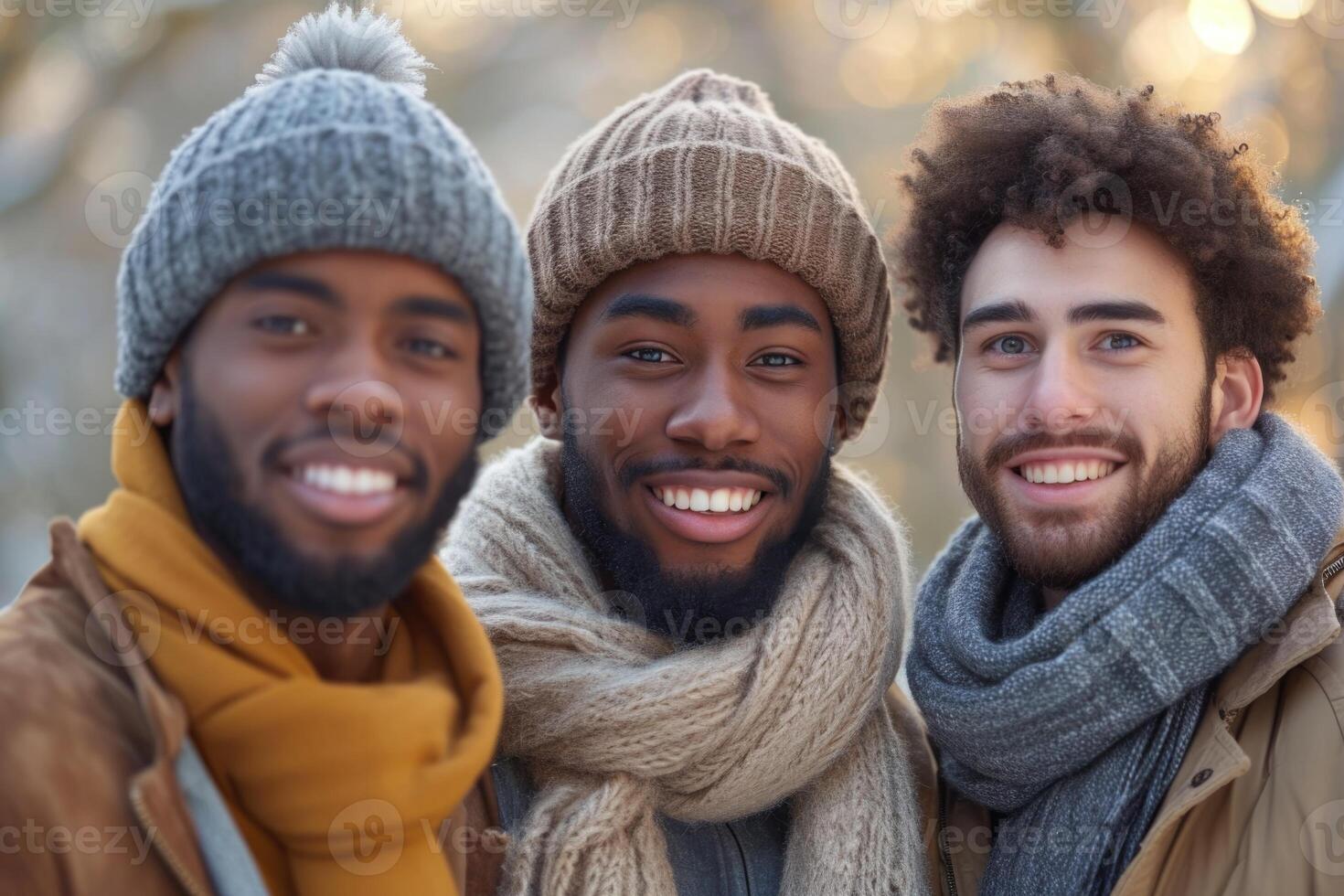 ai genererad en återanvändbar ung grupp av Lycklig människor tar en selfie Foto på en kamera utanför