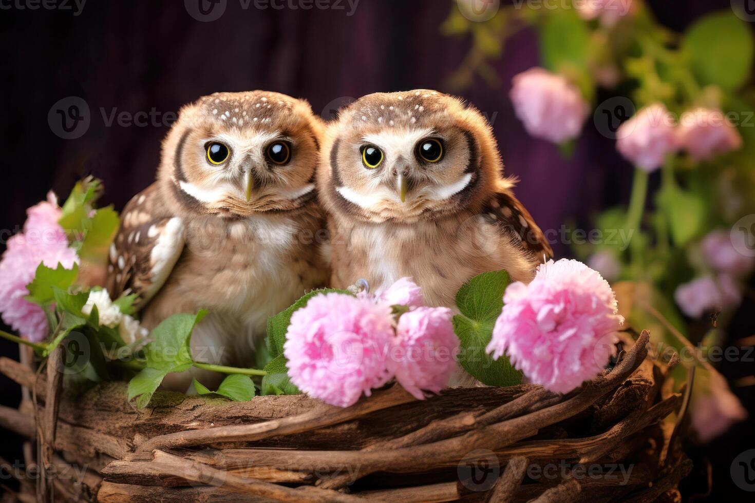 ai genererad förtjusande liten Uggla kycklingar i bo med rosa blommor. söt fåglar. idealisk för bakgrund, hälsning kort, barns böcker, banderoller, affischer, bakgrundsbilder. foto