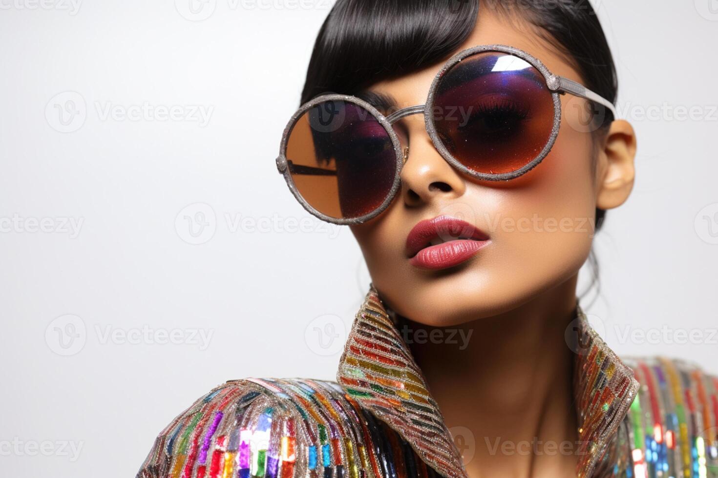 ai genererad kvinna modell bär färgrik kläder och solglasögon foto