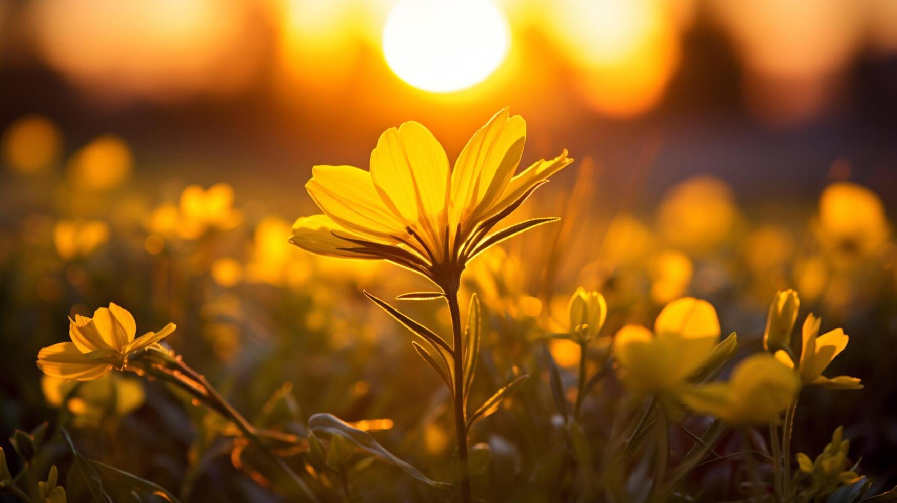 ai genererad vibrerande gul vild blomma i äng bakgrundsbelyst förbi solnedgång Sol foto