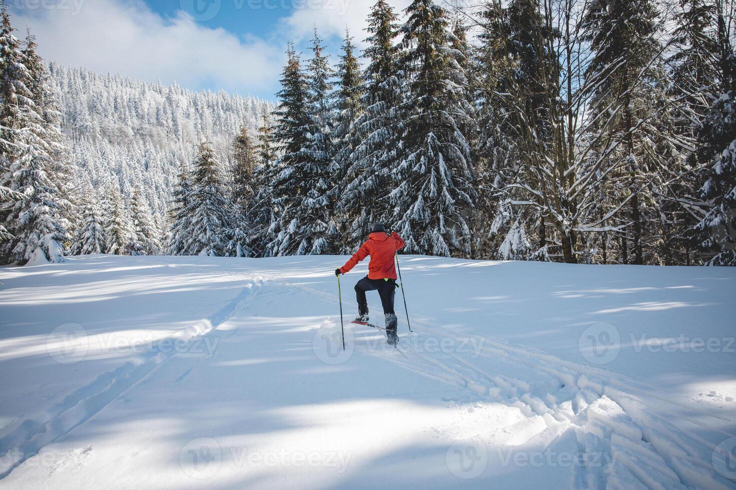 ung vuxen längdåkning skidåkare åldrig 20-25 framställning hans egen Spår i djup snö i de vildmark under morgon- solig väder i beskydy berg, tjeck republik foto