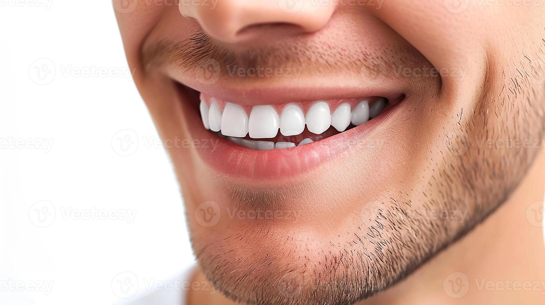 ai genererad ung man med skön leende på vit bakgrund. tänder blekning, tandläkare annons foto
