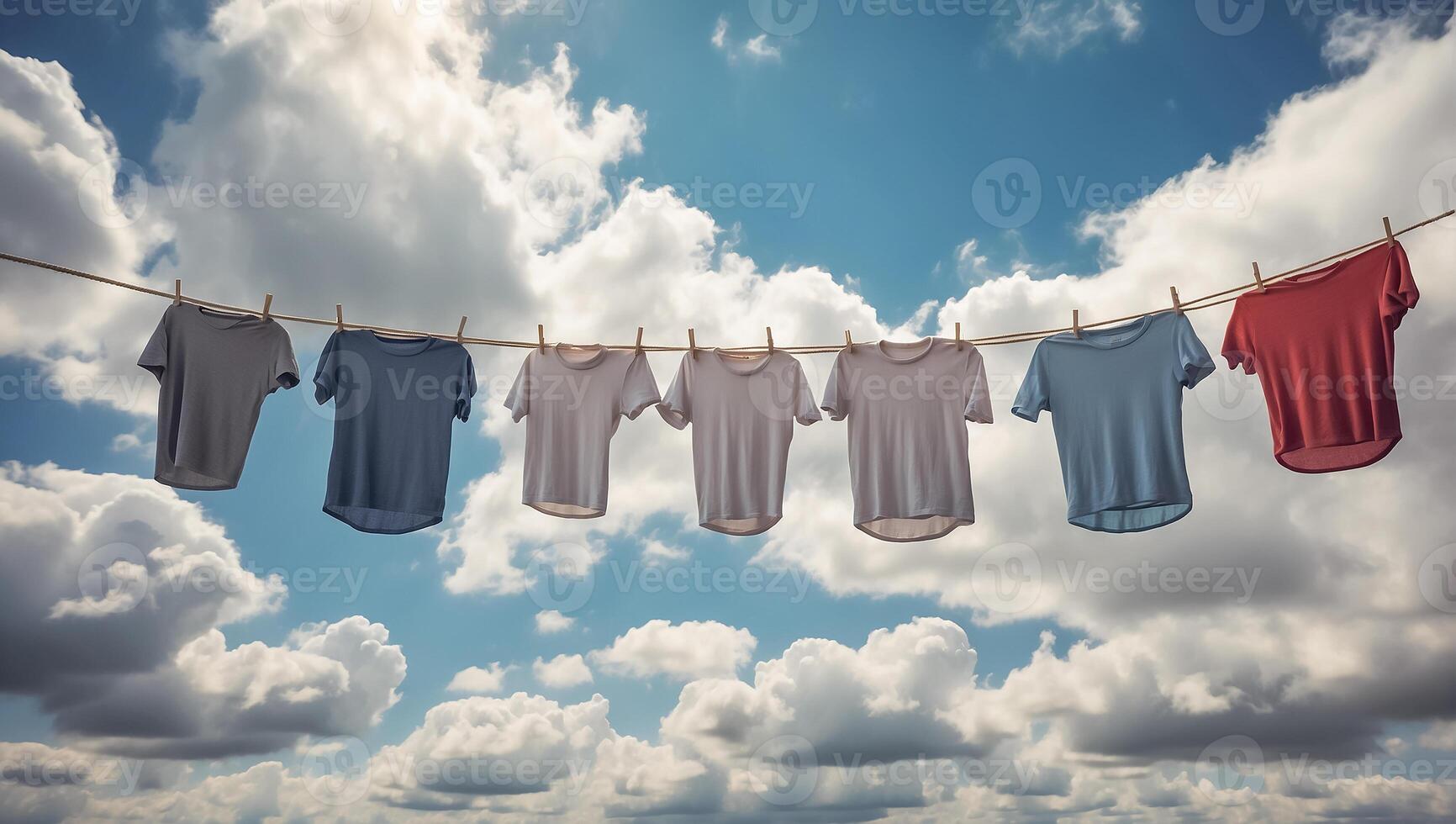 ai genererad rena t-shirt är torkning på en rep mot de himmel foto