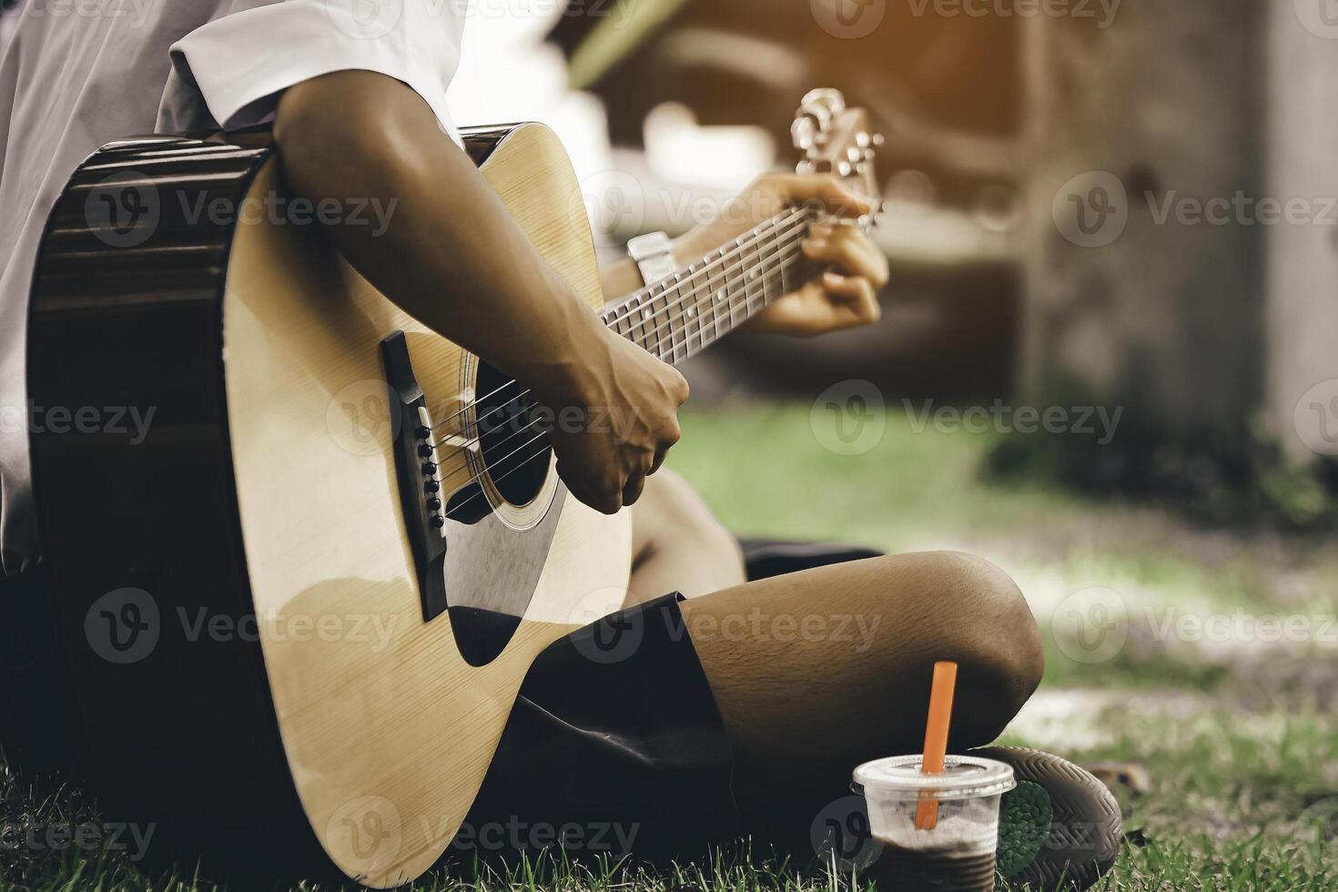 man spelar de gitarr på de gräsmatta foto