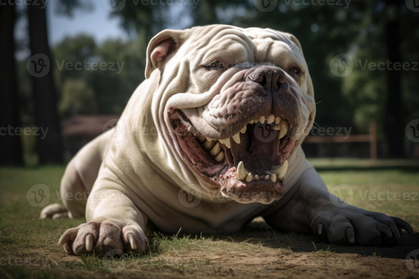 ai genererad arg bulldogg med stor tänder på de gata foto