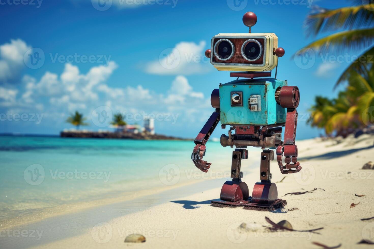 ai genererad de robot är vilar på en tillflykt i en tropisk paradis. de robot är solbad på en solig strand nära de hav. animering foto